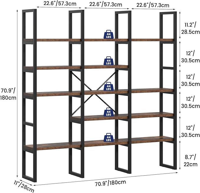 Jehiatek Large Bookshelf 5 Tiers, Triple Wide Geometric Bookcase, 71 Inches Tall Industrial Book Shelves Etagere Book Case, Sturdy Metal Frame, Freestanding Display Shelving Unit, Rustic Brown