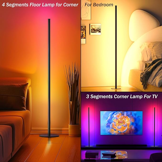 Corner Floor Lamp 2 Pack, 55" Minimalist Standing Lamp with Remote Control, Music Sync 16 Million Colors, Warm White Ambient Lighting, Color Changing LED Corner Lamp for Living Room Bedroom Gaming