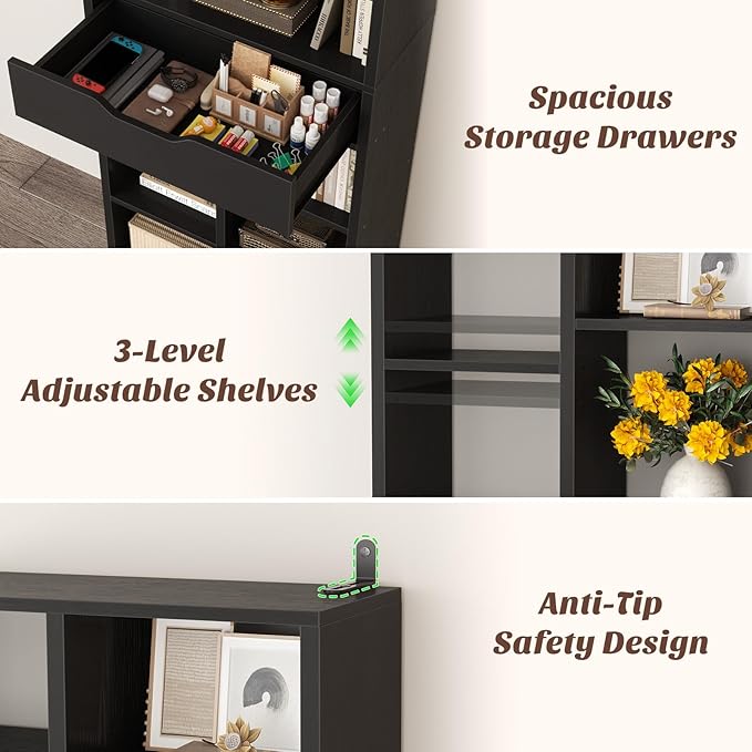 Armocity 8-Tier Tall Bookshelf with Drawer, 73.6" Narrow Freestanding Bookcase, Space-Saving Wood Display Shelves Storage for Living Room, Home Office Bedroom, Black