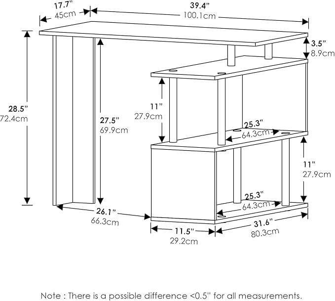 Furinno Moore L-Shape Computer Desk with 3-Tier Shelves, French Oak
