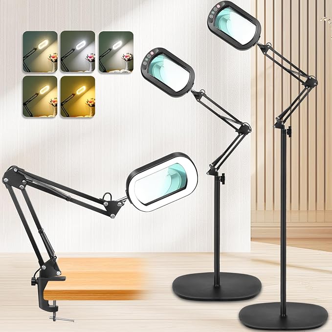 12X Magnifying Glass with Light and Stand, Real Glass Lens, 5 Color Modes LED Dimmable Lighted, 3-in-1 Floor Lamp with Clamp, Hands Free Magnifier for Reading, Craft Sewing Painting Close Work