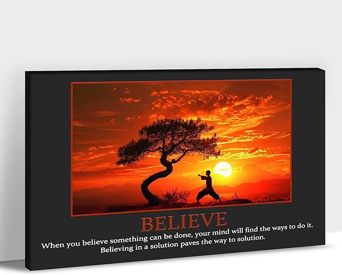 UZMKM - Office Wall Art, Motivational & Inspirational Quotes Canvas Wall Art for Home Office Wall Decor, Positive Quote Wall Decor, BELIEVE Words Poster Frame for Company Wall Decor 12x18 Inch