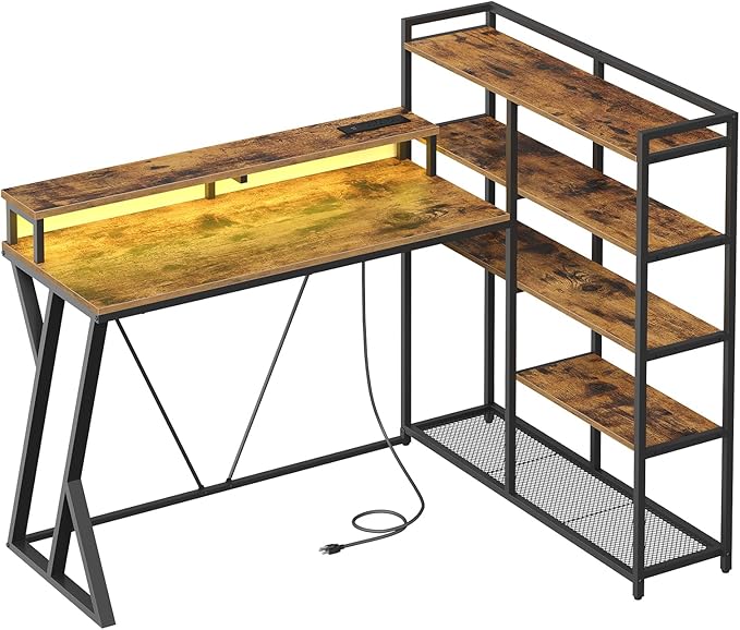 Reversible L Shaped Gaming Desk with Shelves, 52'' L Shaped Computer Desk with Power Outlet and LED Light, Corner Desk with Storage Shelf and Monitor Stand, for Home Office, Rustic Brown