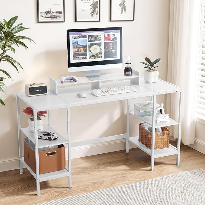 Computer Desk 55-inch with Storage Shelf - White Ideal Gaming Desk for Bedrooms, Small Spaces, and Home Offices Modern Writing Desk for PCs.