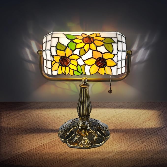 Tiffany Bankers Desk Lamp with Adjustable Shade, Sunflower Stained Glass Piano Light with LED Bulb, Handmade Vintage Tiffany Style Lamp for Office, Bedroom, or Home Décor.