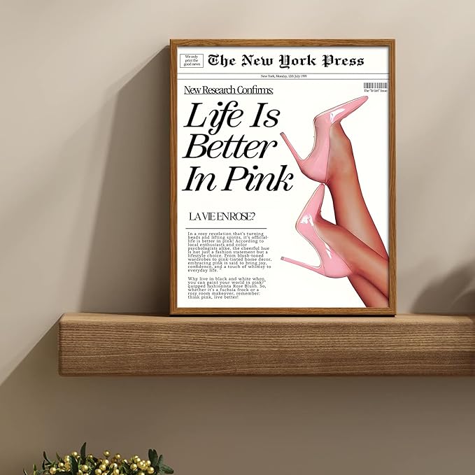 uniro Life Is Better In Pink Poster, Vintage Newspaper Teen Girl Room Wall Decor, Pink Prints For Room, Girly Bedroom Decor, Newspaper Wall Art - 8x10 Unframed