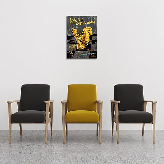 Inspirational Wall Art - Black Gold Chess Canvas Painting Motivational Wall Decor LIFE IS A CHESS GAME Quotes Poster Positive Artwork for Office Living Room Bedroom Home Decoration, Framed 12"x 16"