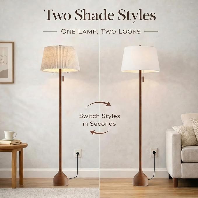 MOFFE 65" Mid Century Modern Vintage Real Wood Floor Lamp with 2 Shades for Two Looks, Sculptural Standing Lamp with Teardrop Base & Wooden Pull Chain for Living Room Bedroom Sofa Side (Bulb Included)