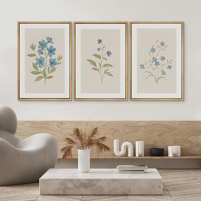 SIGNWIN Framed Canvas Print Wall Art Set Blue Floral Botanical Vintage Wildflower Illustrations Modern Art Decorative Nordic Abstract for Living Room, Bedroom, Office - 16"x24"x3 Natural