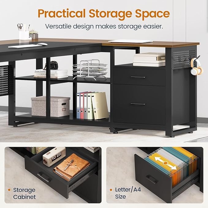 71 in Executive Desk with Power Outlets, Reversible L Shaped Computer Desk with File Drawers & Storage Shelves, Large Office Desk with Pegboard, Mobile CPU Stand, Modern Corner Desk (Walnut)