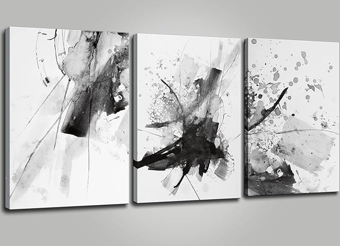 Abstract Black and White Wall Art Modern Artwork for Walls Ink Texture Painting Canvas Prints Watercolor Fluid Lines Pictures Framed Bedroom Office Living Room Bathroom Decorations 16"x24"x3pcs