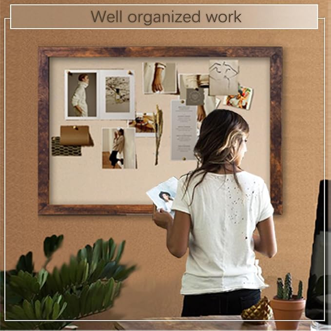 Large Magnetic Bulletin Board 43 x 31 Inch for Wall,Rustic Framed Cork Board with Linen for Home Office School,with 4 Push pins, 4 Magnets
