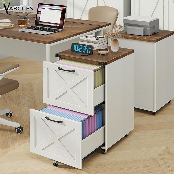 Vabches Farmhouse File Cabinet with 2 Drawers, Vertical Filing Cabinet on Wheels for Letter/A4 Size Hanging Files, Mobile File Cabinets Printer Stand for Home Office, Rustic White