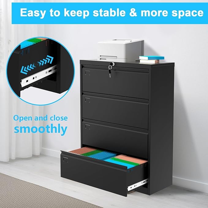 4-Drawer Lateral File Cabinet with Lock, 52"H Metal Filing Cabinet for Home Office & Business Use – for Letter, Legal, A4, F4 Files, 320 LB Weight Capacity,Easy to Assemble (Black, 4 Drawer)