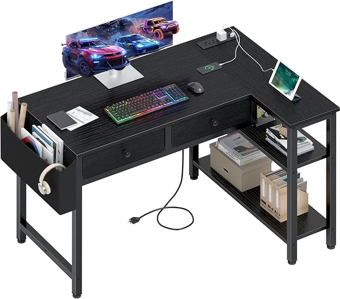 DLisiting Black Corner Desk for Small Space with Drawers, Reversible Gaming L Shaped Computer Desk with Storage Shelves for Kids Boys, Corner Work Study PC Desks for Bedroom