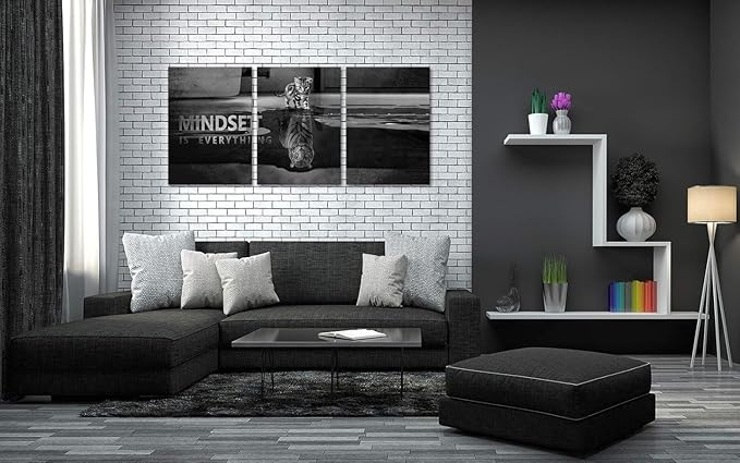 Inspirational Quotes Wall Art - Mindset is Everything Canvas Print Motivational Posters Cute Cat Tiger Animals Poster Office Pictures Artwork for Home Wall Decor, Framed Ready to Hang, 20"x28"x3PCS