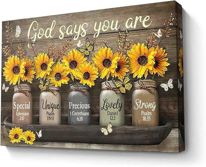 Parylore Vintage Sunflower Wall Art Canvas Christian Scripture Decor Print God Says You Are Painting Framed Modern Artwork For Living Room Bedroom Bathroom Office Home 16x24 In