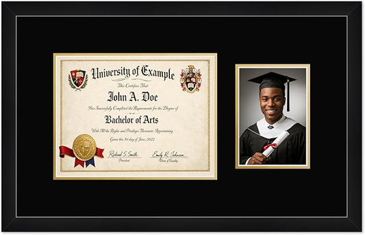 CountryArtHouse Fits 11 x 8.5 US Letter Certificate and 5 x 7 Photo Diploma and Photo Frame Matte Black Genuine Hardwood with Black Over Metallic Gold Double mat