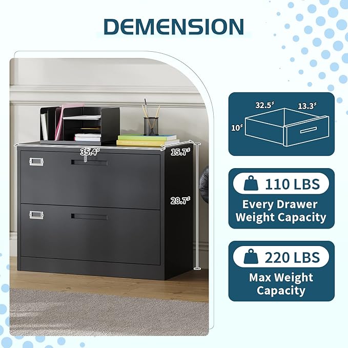 MIIIKO Lateral File Cabinet 2 Drawer, Black Metal File Cabinet with Lock, 35.4" Wide Drawers Storage File Cabinet for Hanging Files Folders Letter/Legal/A4 Size