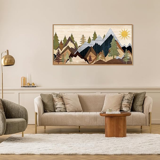 Mountain Pine Tree Framed Canvas Wall Art Set, Nature Wilderness Illustration Wall Decor, Woodcut Forest Wall Painting, Mid Century Modern Art Print for Living Room Bedroom Office 20"x40"