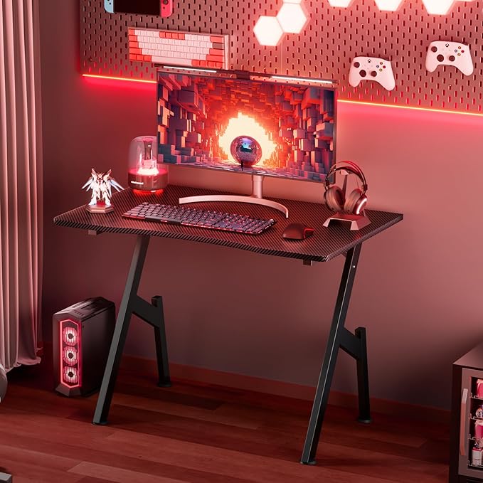 HLDIRECT 32 Inch A-Shaped Gaming Desk with Carbon Fibre Surface - Ergonomic PC Workstation for Home Office & Simple Gaming