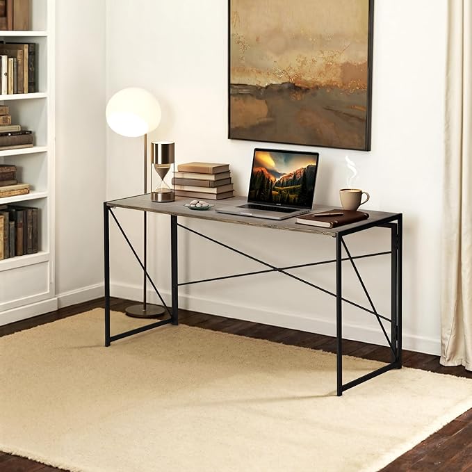 Homy Casa 55.1 Inch Foldable Laptop Desk, Space-Saving Computer Table with No Assembly Required, Sturdy Metal Frame, Minimalist Design for Home Office, Study, or Small Spaces, Vintage Brown