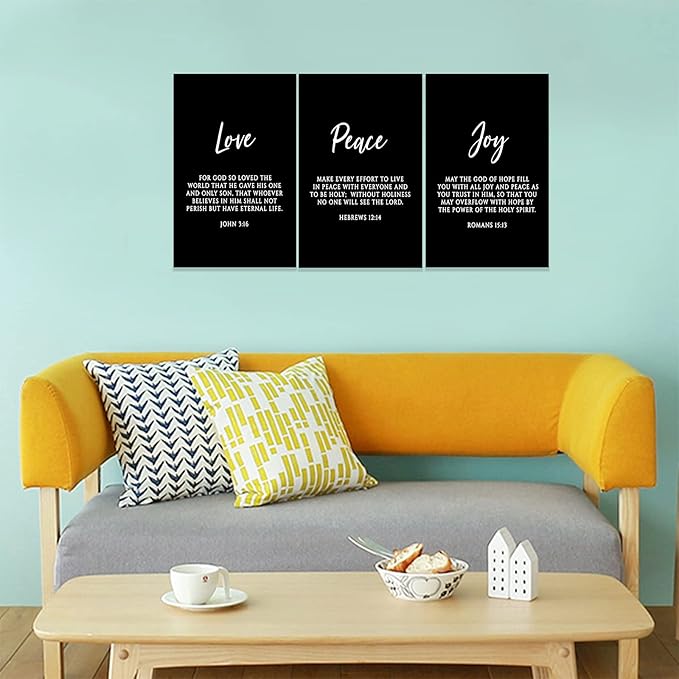 3 Piece Inspirational Wall Art, Black Sayings Prints Picture, Quotes "Love Peace Joy" Motivational Canvas Art for Religious Decor Gifts, Stretched And Framed Artwork for Home Wall Decor (48"Wx24" H)