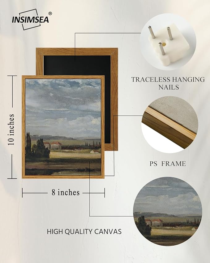 InSimSea Framed Canvas Print Art, Vintage Countryside Landscape Painting, Rustic Farmhouse Cottage Decor for Hallway Wall Floating Shelf Desk Vanity Fireplace,10x8in, Neutral Tones