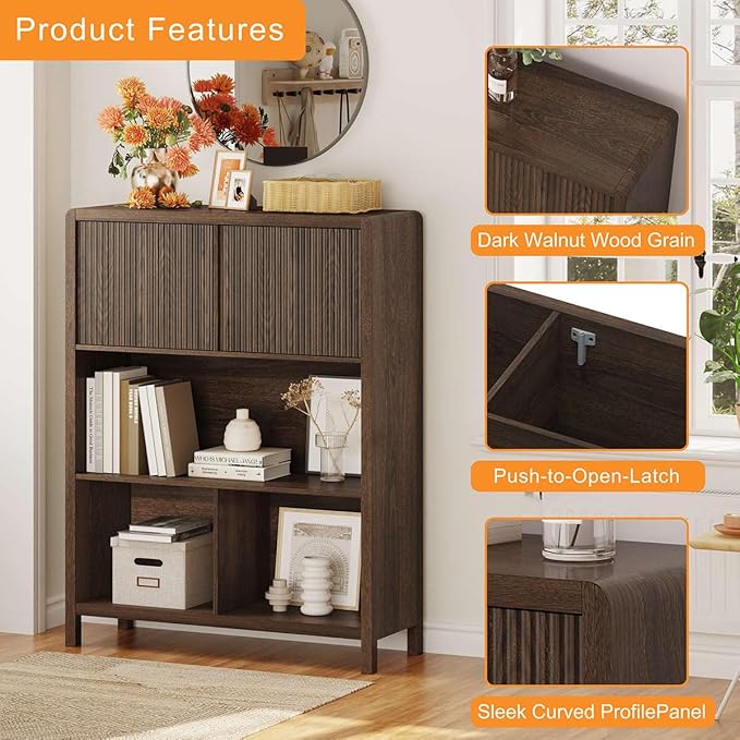 FATORRI Cube Bookshelf with 2 Doors, 4 Tier Wooden Bookcase, 5 Cube Storage Organizer for Home Office (Dark Walnut)