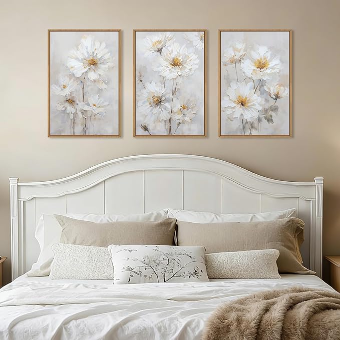 Aryroi Modern Chinoiserie White Daisy Floral Framed Canvas Wall Art Set,Watercolor Natural Beige Wildflower Wall Decor,Textured Minimalist Flower Botanical Artwork for Living Room,Farmhouse-24 x36 x3
