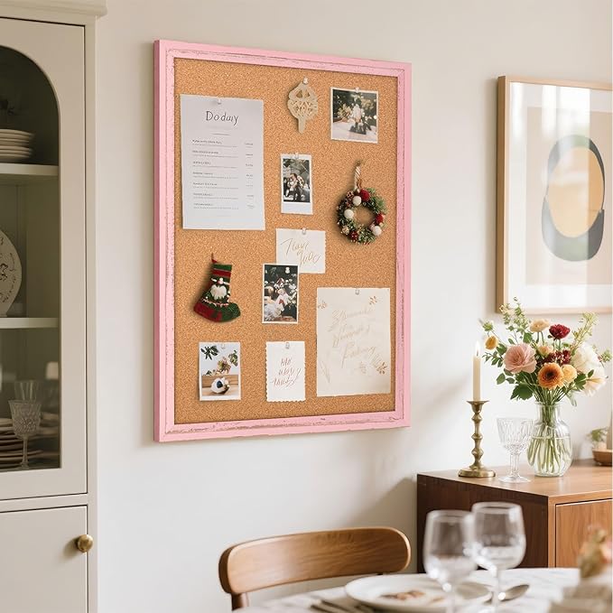 Cork Bulletin Board, 36" x 24" Corkboard for Wall, Pink Wooden Frame, Hanging Pin Board Tack Board for Home Office Decor, 10 Push Pins