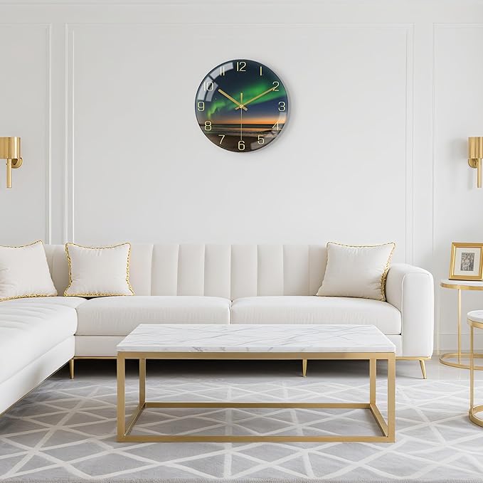 VIKMARI 8 Inch Modern Wall Clock, Aesthetic Black and Gold Decor Accessories, Unusual Silent Non Ticking Aurora Clocks for Living Room/Kitchen/Bedroom/Bathroom/Office (Glass)