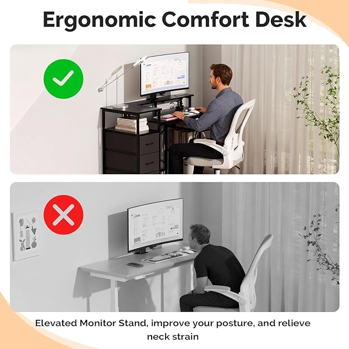 VINGLI 47 Inch L-Shaped Computer Desk, Small Computer Gaming Desk with Fabric Drawers & Storage Shelves, Charging Station, Monitor Stand for Home, Office, Black