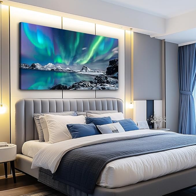 MHARTK66 Large Wall Decor For Living Room Canvas Wall Art For Bedroom Blue Aurora Scenery Painting Artwork Modern Canvas Art Prints Ready To Hang Office Pictures For Hotel Room Home Wall Decoration