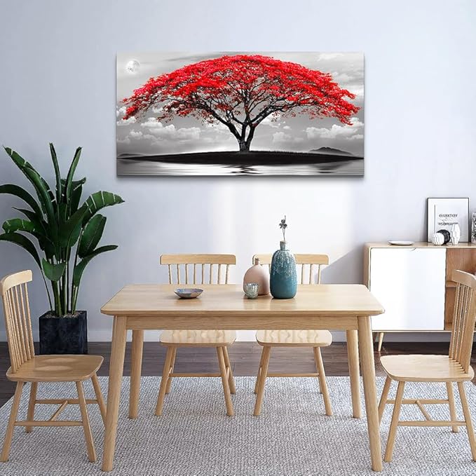 Wapluam Large Canvas Prints Wall Art For Living Room Bedroom Wall Decor Red Tree Landscape Painting Black And White Pictures To Hang Modern Home Decorations For Office Stretched And Framed Artworks