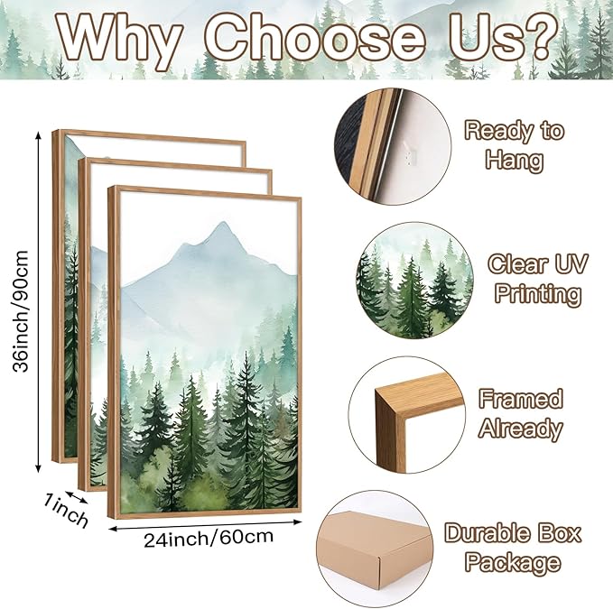 CHDITB Mountain Landscape Framed Canvas Wall Art(24"x36"), 3 Panels Boho Nature Forest Artwork Prints, Large Abstract Modern Green Pine Trees Art Decor for Bedroom Living Room Office