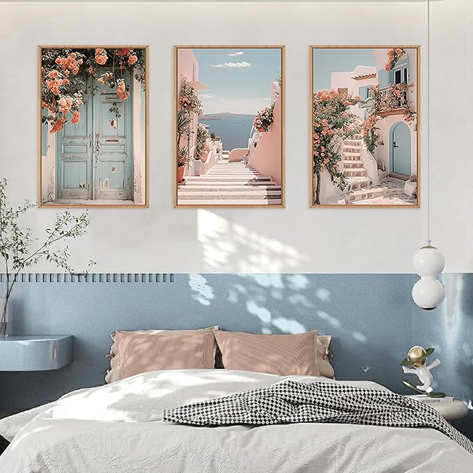KAIRNE Italian Mediterranean Coastal Framed Canvas Wall Art, Pink Blue & White Seascape Painting for Beach House Decor, Luxury Italian Seaside Landscape for Living Room, Bedroom, Office - 24x36 Inch