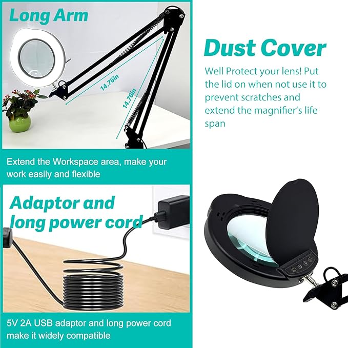 15X LED Magnifying Light, 5 Color Modes Dimmable LED Desk Lamp with Clamp, Long Arm Hands Free Desk Magnifier Light with Dust Cover for Crafts Hobby Painting Sewing Close Work