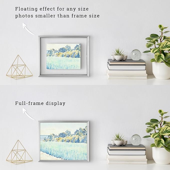 Frametory, Floating Picture Frames Set - Silver Metal Photo Frames - Real Glass - Displays One 11X14, Two 8X10, And Four 5X7 Inch Photos for Home Decoration