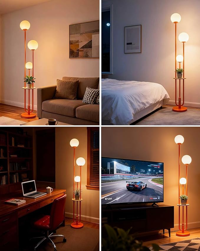 Lightdot 63IN Orange Floor Lamp with Shelf Mid Century Modern Tall Standing Lamps with 3000K Warm White Bulb Included Dimmable Globe Floor Lamp for Living Room/Party/Sofa Beside/Corner Decor