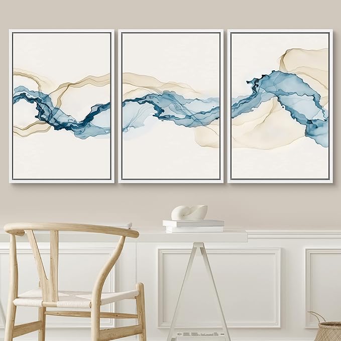 SIGNWIN Framed Canvas Print Wall Art Set Blue Tan Smoke Wave Landscape Abstract Shapes Illustrations Modern Art Decorative Contemporary Colorful for Living Room, Bedroom, Office - 16"x24"x3 White