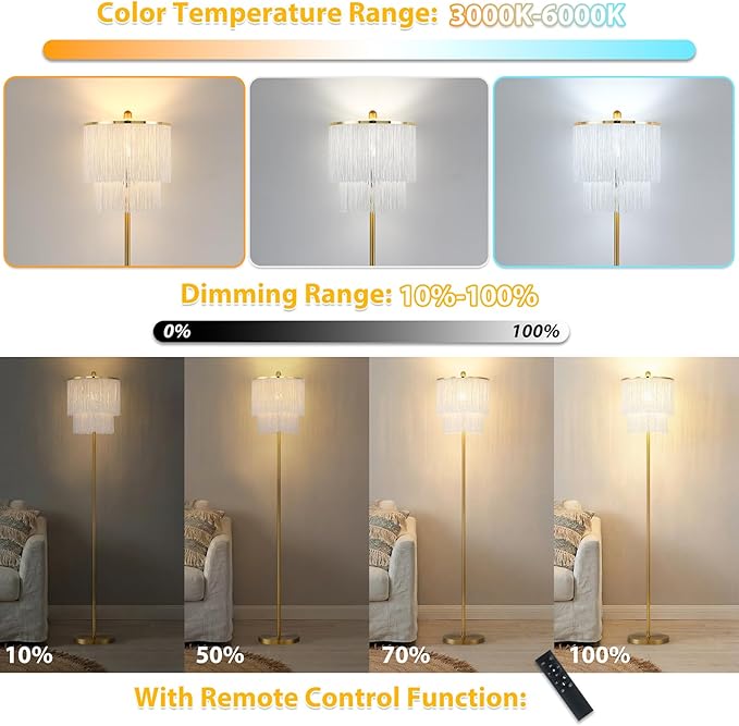 Dimmable Boho Tassel Floor Lamp with Remote Control for Living Room, 63" Tall Fringe Standing Bedroom Lamp with 3 Color Temperature Adjustment, Modern Stand Up Corner Lamp with Tassel Lampshade