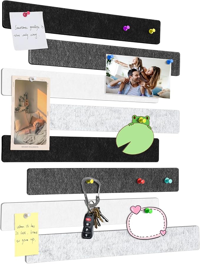Cork Board for Walls - 8 Pack Felt Pin Board Bar Strips - Self-Adhesive Lightweight Bulletin Board - Cork Board for Office with 40 Push Pins No Damage for Wall (Black White Grey)