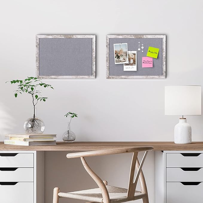 Gray Felt Bulletin Board, 14.2x10.2 inches Decorative Hanging Bulletin Boards for Walls with White Rustic Wood Frame, Pin Board Vision Board for Office Home School with Pins (2636,WH,1pc)