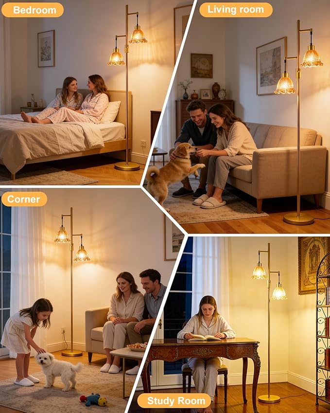 Lightdot 2- Light Gold Floor Lamp for Living Room, 65IN Dimmable Floor Lamps with Brown Glass Shade&3000K Warm White Bulbs, Modern Standing Tall Lamp for Bedroom Office