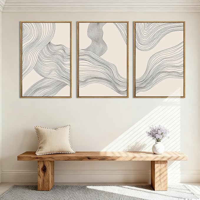 Large Beige Abstract Wall Art Framed Neutral Modern Canvas Wall Decor Minimalist Line Wave Painting 24x36 Inch Pictures Set of 3 for Living Room Bedroom Dining Room