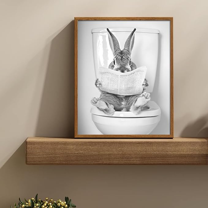 uniro Funny Bathroom Wall Art Prints Funny Rabbit on Toilet Wall Art Vintage Reading Newspaper Bunny Bathroom Print Whimsical Farmhouse Decor Cute Bunny Animal Canvas Print Painting Modern Bathroom Signs Wall Art Poster for Bathroom Decor( 8" x 10"-UNF...