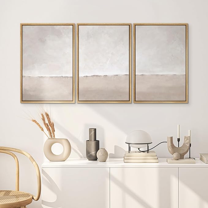 SIGNWIN Framed Canvas Print Wall Art Set Pastel Watercolor Gray Brown Paint Stroke Landscape Abstract Shape Illustrations Decorative Relax/Calm Zen for Living Room, Bedroom, Office - 24"x36"x3 NATURAL