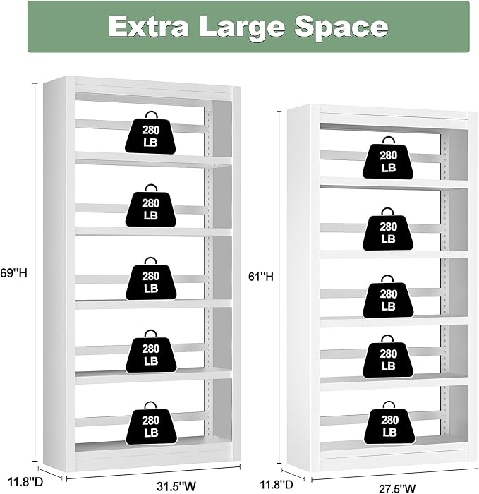 5-Shelf Heavy Duty Metal Bookcase, Adjustable Bookshelf with Large Capacity, Bookshelf for Home Office, Living Room, Garage