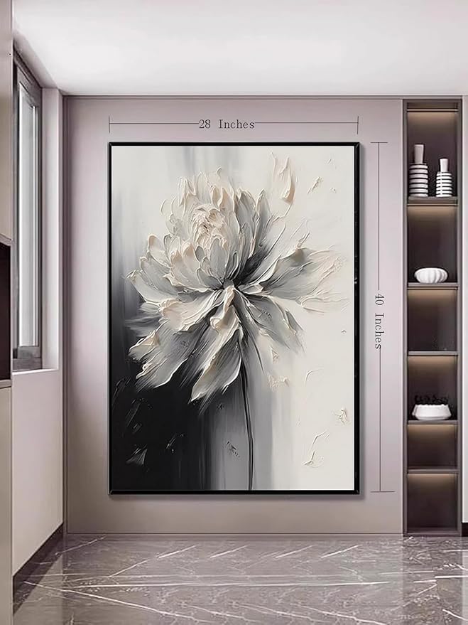 Hand Painted White And Black Flower Canvas Wall Art for Living Room,Large Framed Floral Oil Painting for Bedroom, Modern 3D Floral Artwork Wall Decor for Office Home Decor 28" x 40"